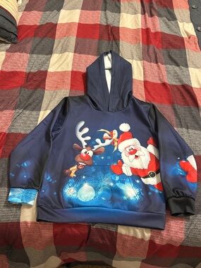 Kids Christmas Santa Reindeer Hoodie Size 7-8Y Blue Holiday Pullover
